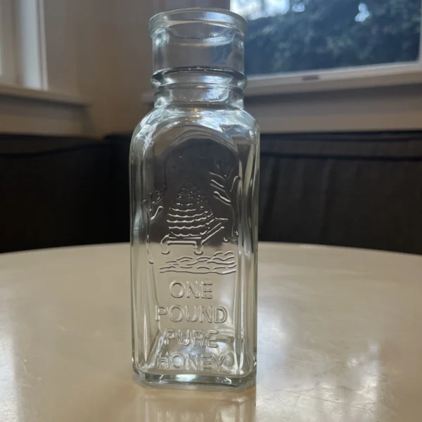 Five 1-pound Vintage Honey Acres Pure Honey glass bottles w/ corks